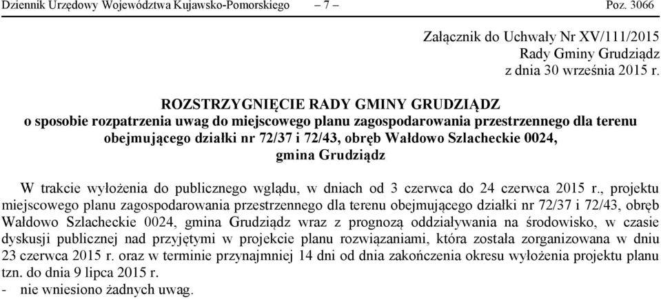 0024, gmina Grudziądz W trakcie wyłożenia do publicznego wglądu, w dniach od 3 czerwca do 24 czerwca 2015 r.