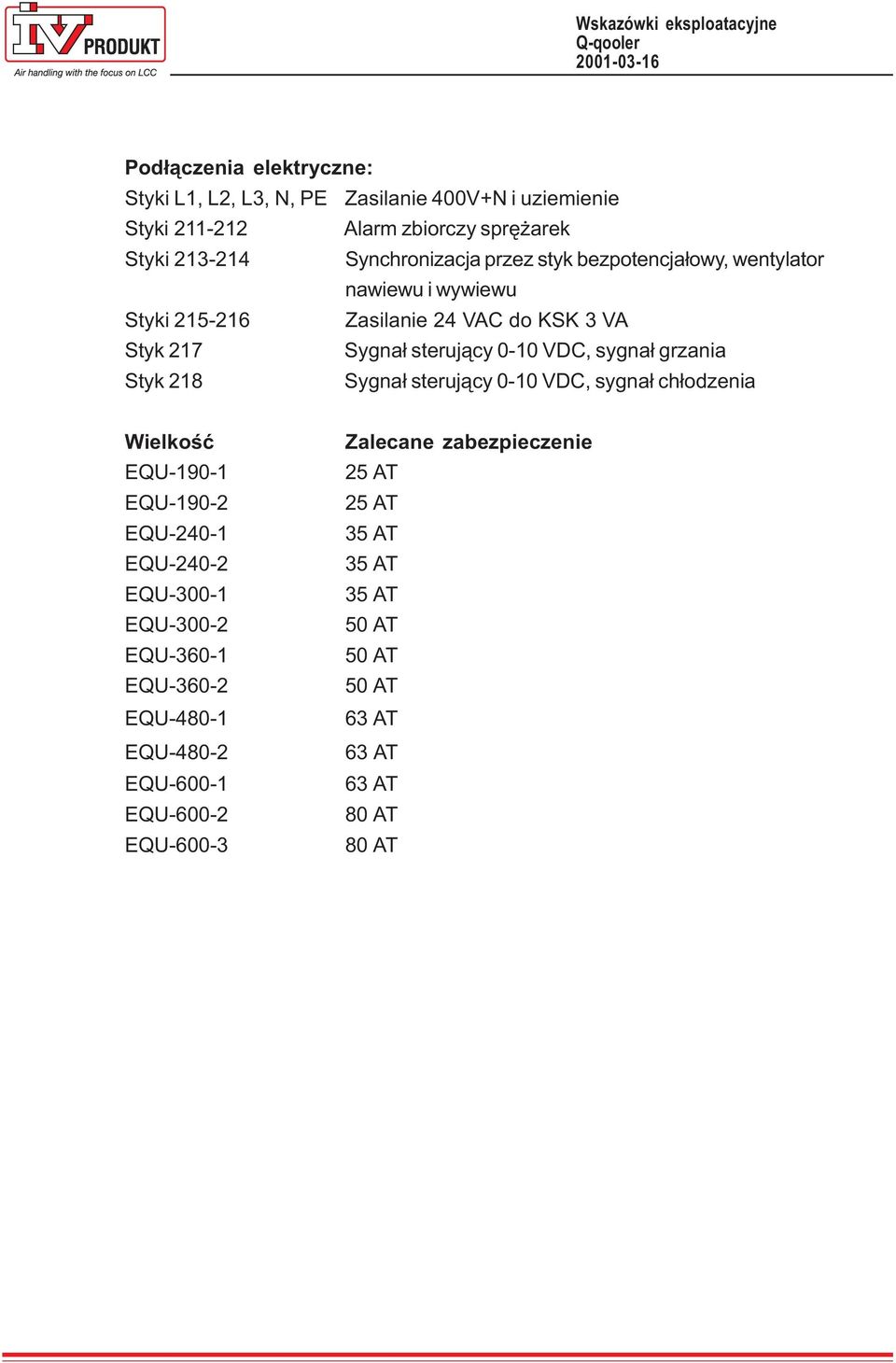 VDC, sygna³ grzania Styk 218 Sygna³ steruj¹cy 0-10 VDC, sygna³ ch³odzenia Wielkoœæ EQU-190-1 EQU-190-2 EQU-240-1 EQU-240-2 EQU-300-1 EQU-300-2