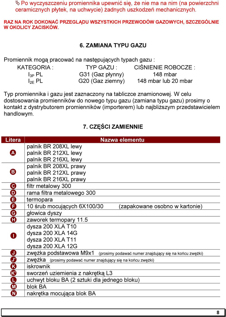 ZAMIANA TYPU GAZU Promiennik mogą pracować na następujących typach gazu : KATEGORIA : TYP GAZU : CIŚNIENIE ROBOCZE : I 3P PL G31 (Gaz płynny) 148 mbar I 2E PL G20 (Gaz ziemny) 148 mbar lub 20 mbar
