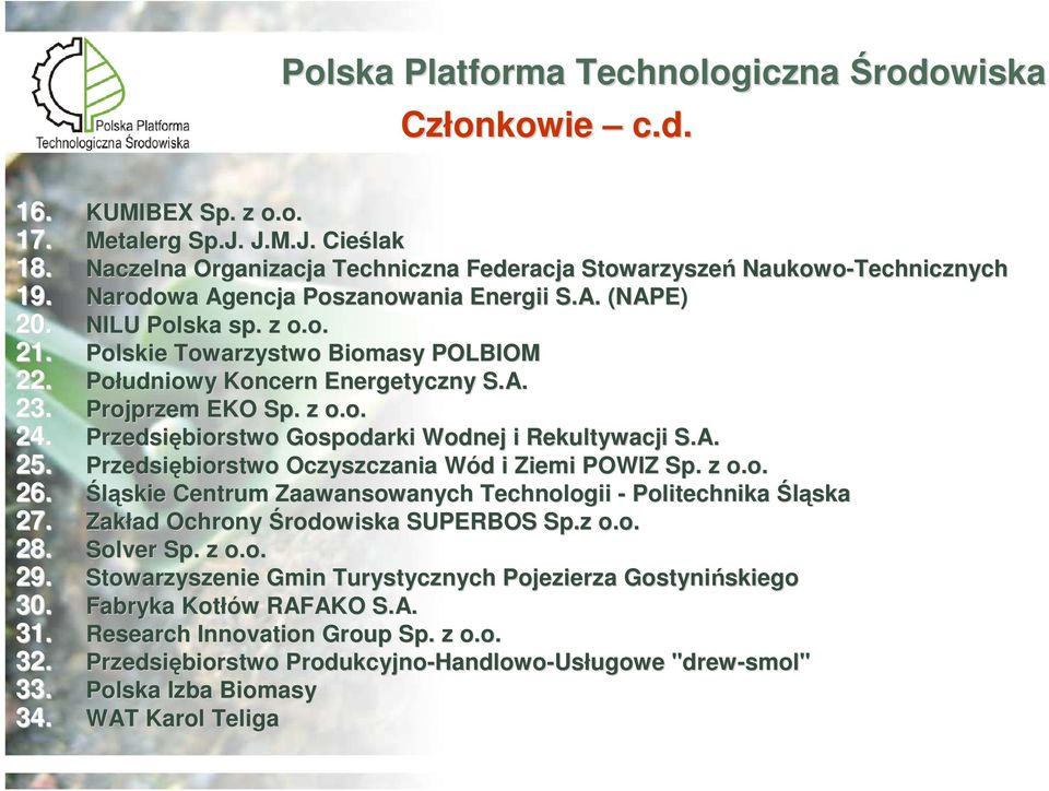 Przedsiębiorstwo Gospodarki Wodnej i Rekultywacji S.A. 25. Przedsiębiorstwo Oczyszczania Wód W d i Ziemi POWIZ Sp. z o.o. 26. Śląskie Centrum Zaawansowanych Technologii - Politechnika Śląska 27.
