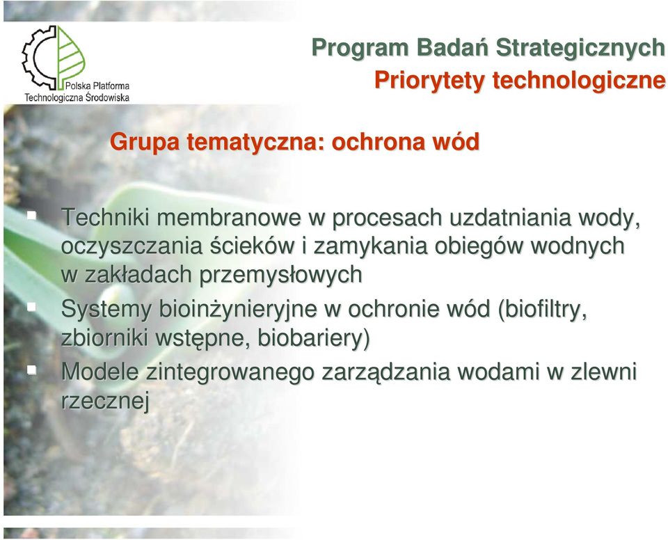 obiegów w wodnych w zakładach adach przemysłowych Systemy bioinżynieryjne w ochronie wód w