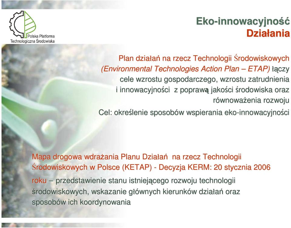 wspierania eko-innowacyjno innowacyjności ci Mapa drogowa wdraŝania ania Planu Działań na rzecz Technologii Środowiskowych w Polsce (KETAP) - Decyzja