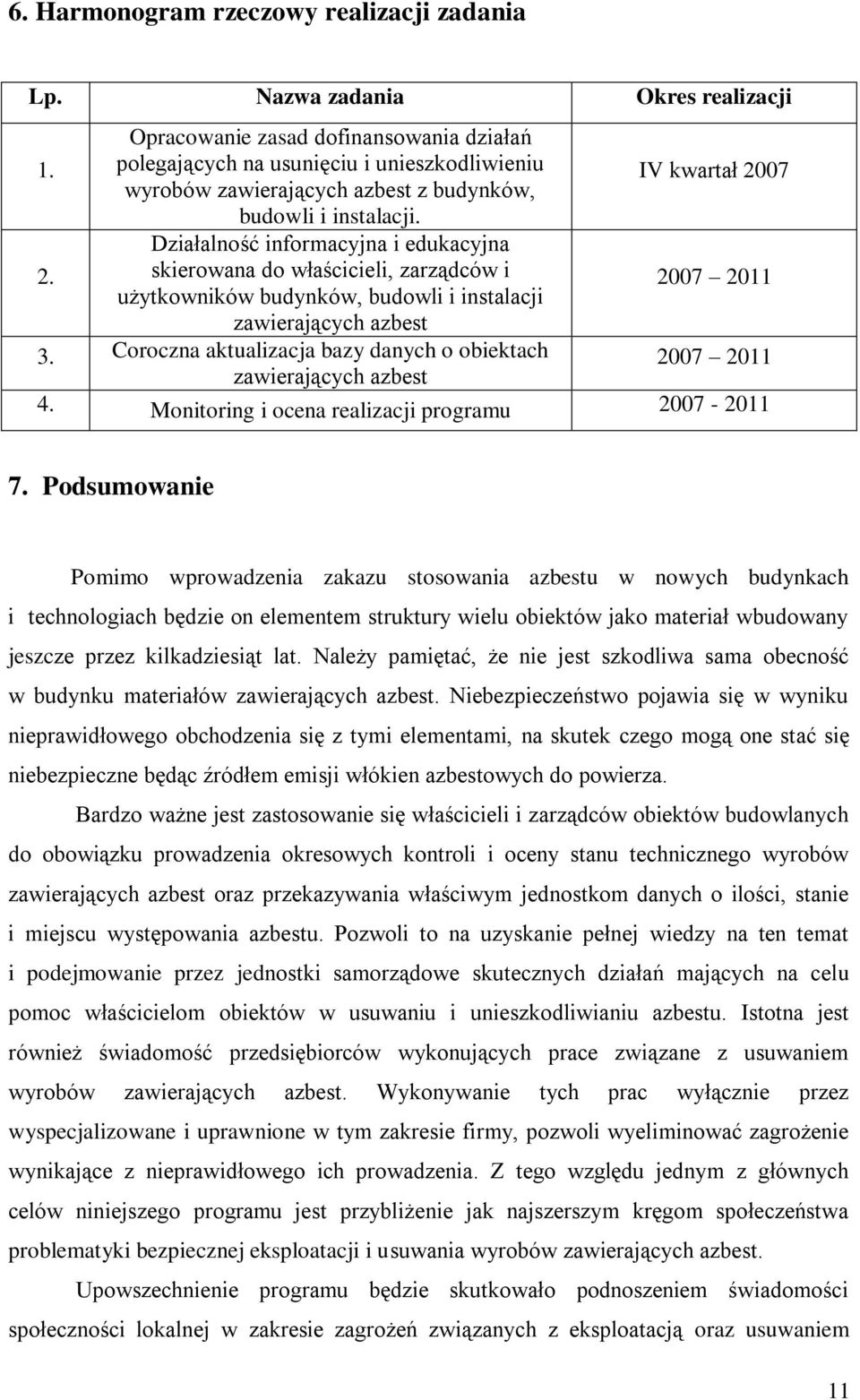 skierowana do właścicieli, zarządców i 2007 2011 użytkowników budynków, budowli i instalacji zawierających azbest 3. Coroczna aktualizacja bazy danych o obiektach 2007 2011 zawierających azbest 4.