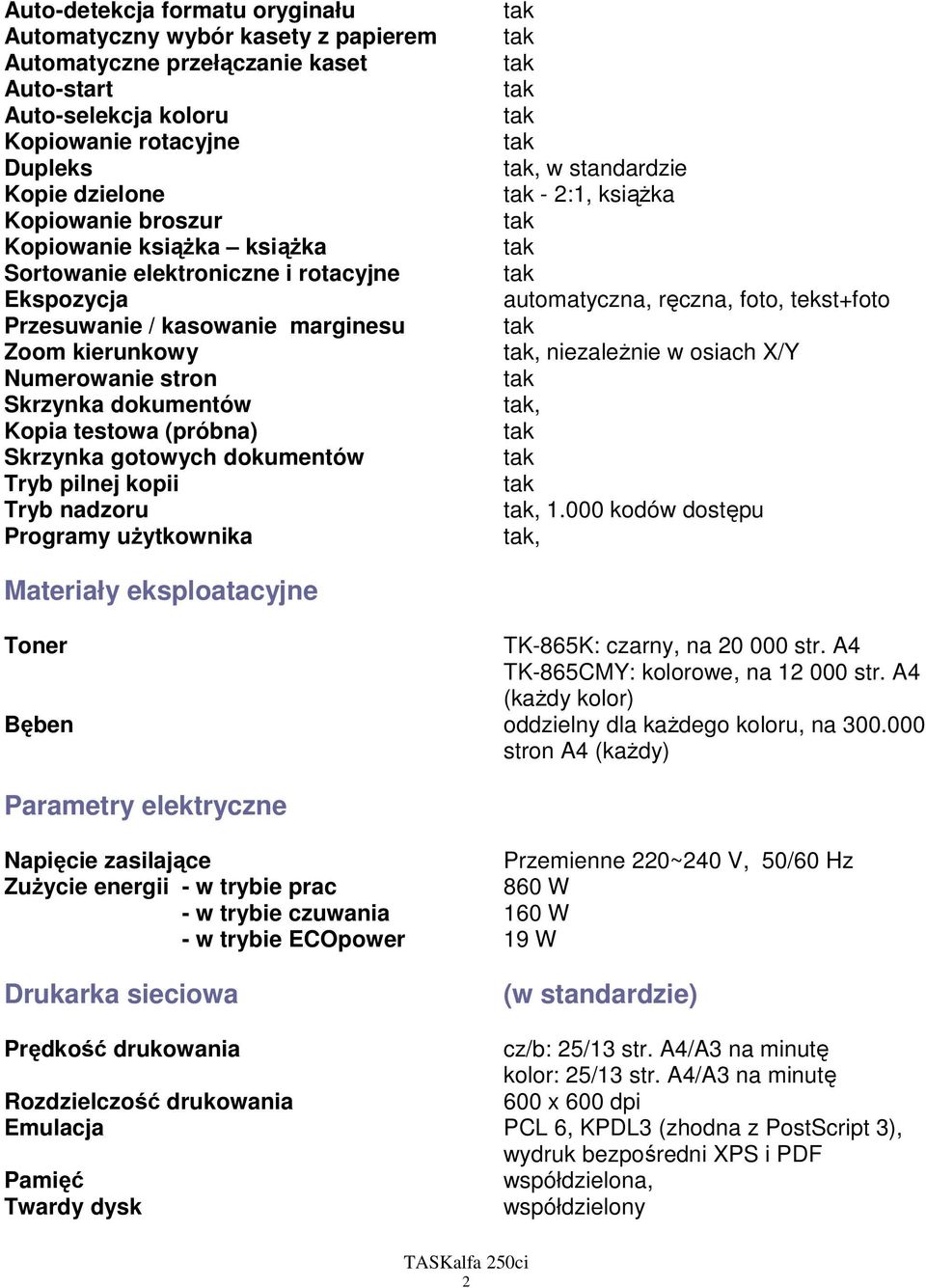 gotowych dokumentów Tryb pilnej kopii Tryb nadzoru Programy uŝytkownika, w standardzie - 2:1, ksiąŝka automatyczna, ręczna, foto, tekst+foto, niezaleŝnie w osiach X/Y,, 1.