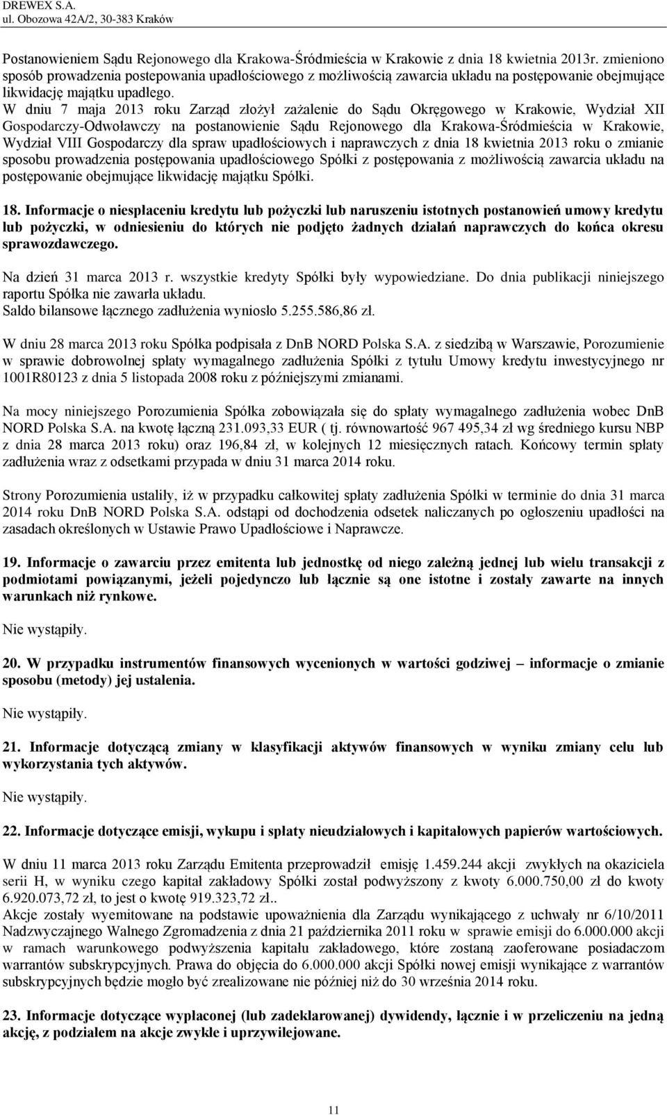 W dniu 7 maja 213 roku Zarząd złożył zażalenie do Sądu Okręgowego w Krakowie, Wydział XII Gospodarczy-Odwoławczy na postanowienie Sądu Rejonowego dla Krakowa-Śródmieścia w Krakowie, Wydział VIII