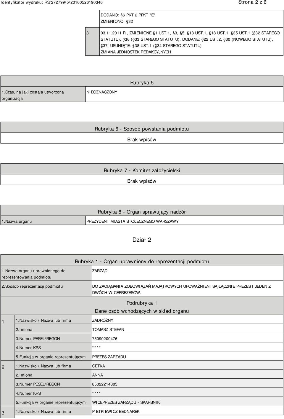 Czas, na jaki została utworzona organizacja NIEOZNACZONY Rubryka 6 - Sposób powstania podmiotu Rubryka 7 - Komitet założycielski Rubryka 8 - Organ sprawujący nadzór 1.