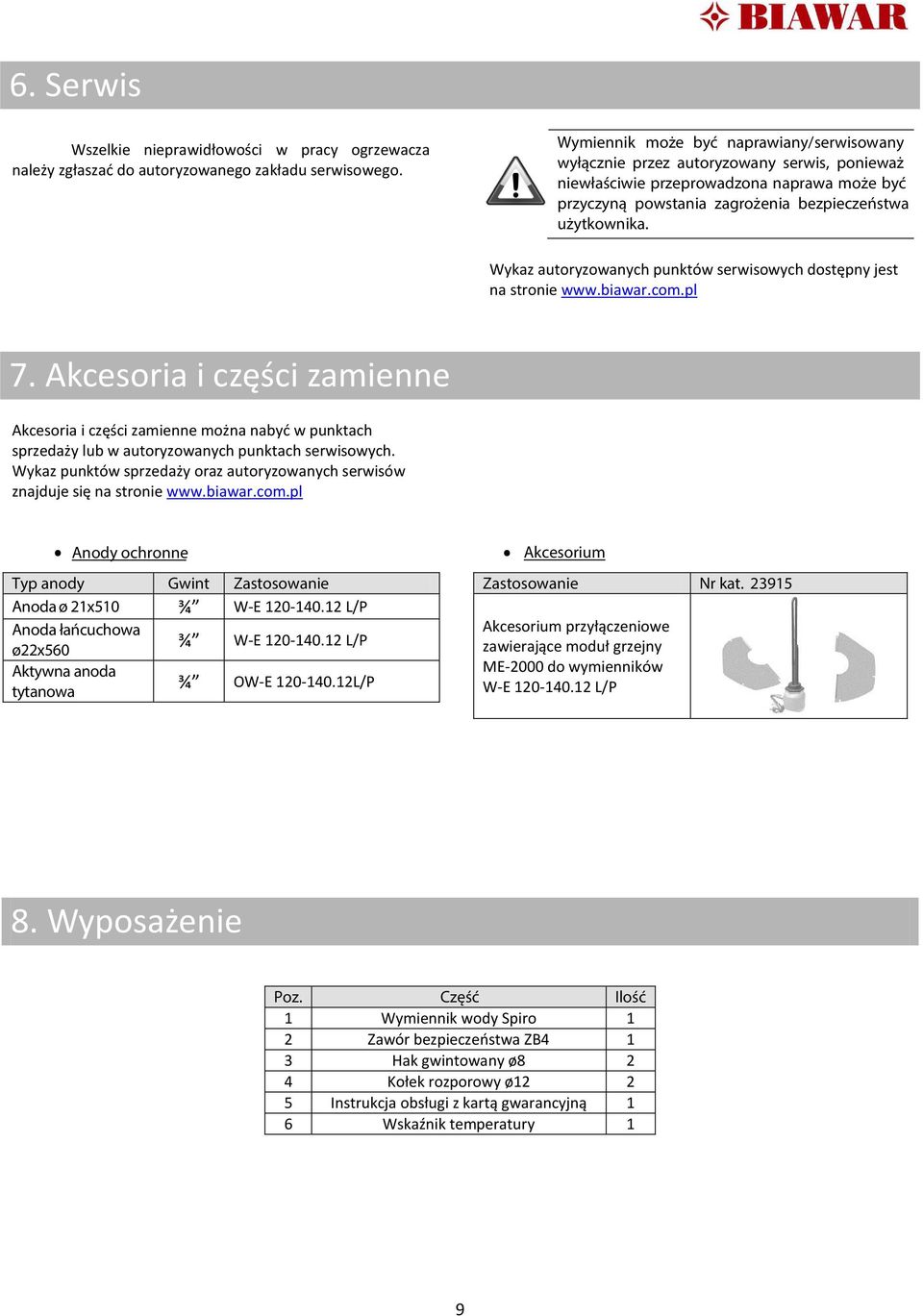 Wykaz autoryzowanych punktów serwisowych dostępny jest na stronie www.biawar.com.pl 7. Akcesoria i części zamienne 1.