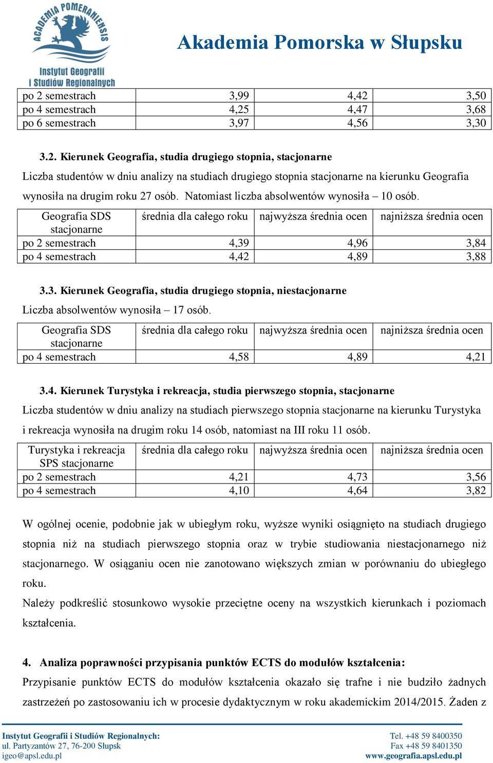 Geografia SDS średnia dla całego roku najwyższa średnia ocen najniższa średnia ocen stacjonarne po 2 semestrach 4,39