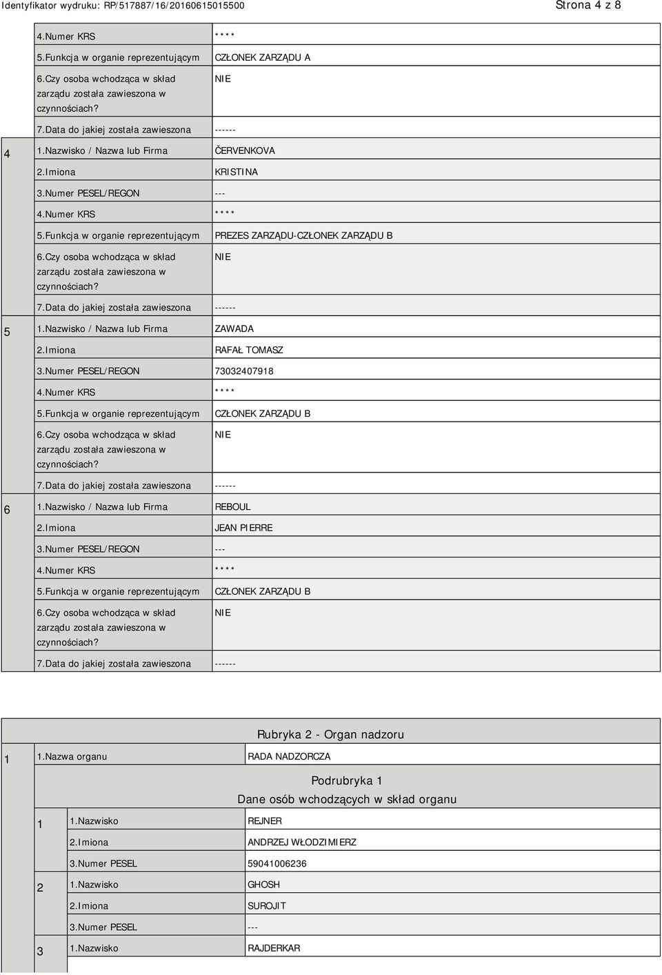 Nazwisko / Nazwa lub Firma REBOUL JEAN PIERRE 3.Numer PESEL/REGON --- CZŁONEK ZARZĄDU B Rubryka 2 - Organ nadzoru 1 1.