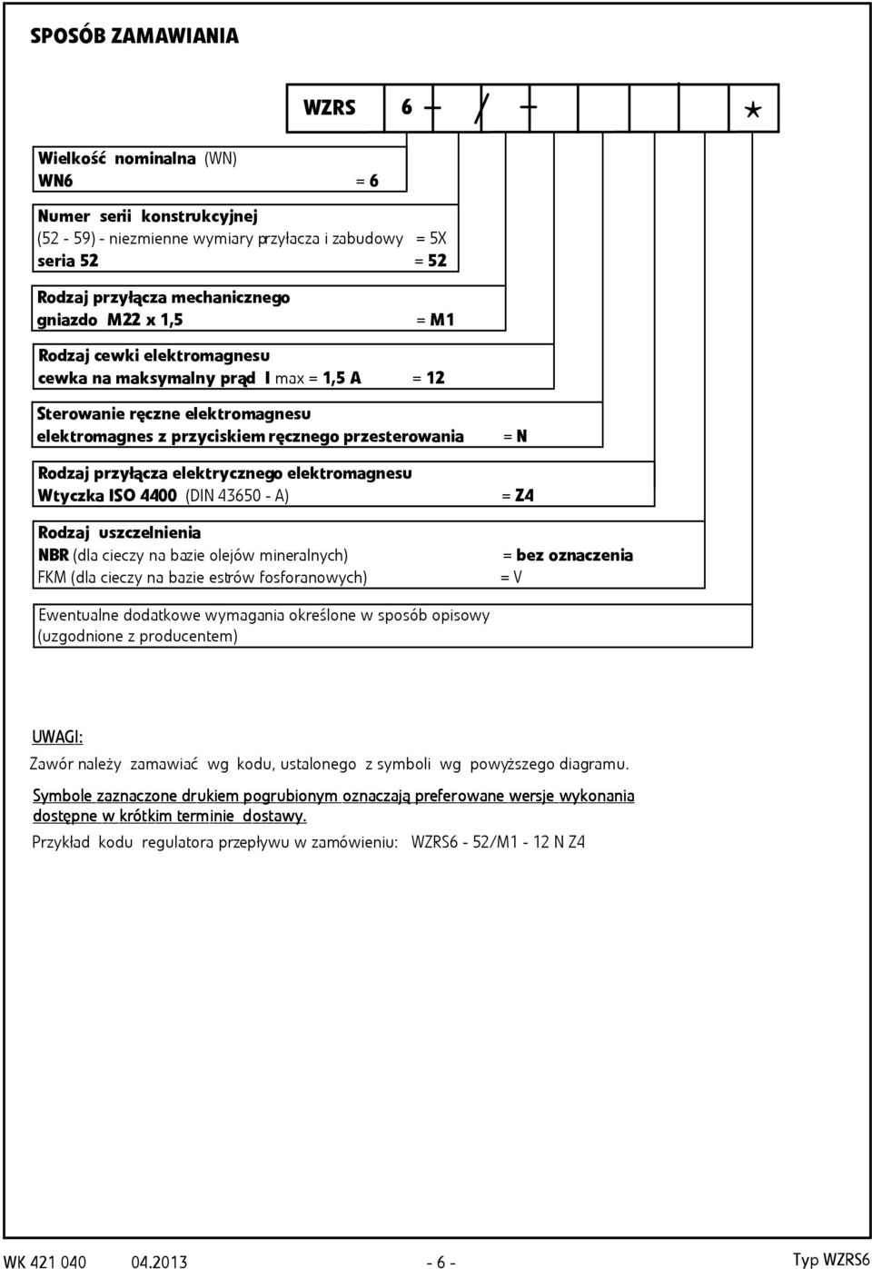 Wtyczka ISO 4400 (DIN 4650 - ) = N = Z4 Rodzaj uszczelnienia NBR (dla cieczy na bazie olejów mineralnych) = bez oznaczenia FKM (dla cieczy na bazie estrów fosforanowych) = V Ewentualne dodatkowe