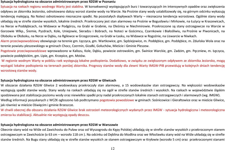 Na Prośnie stany wody ustabilizowały się, na górnym odcinku wykazują tendencję malejącą. Na Noteci odnotowano nieznaczne spadki. Na pozostałych dopływach Warty nieznaczna tendencja wzrostowa.