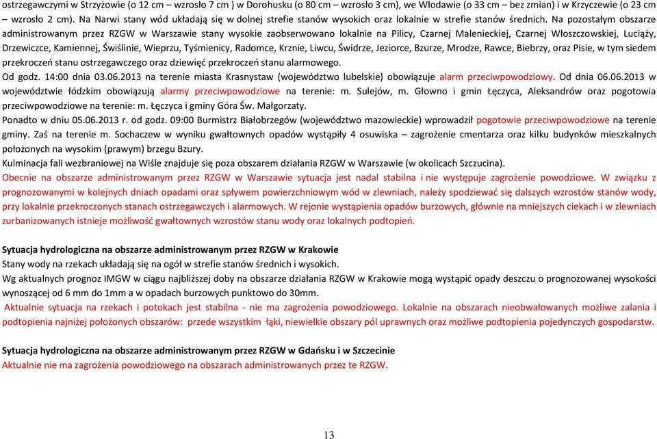 Na pozostałym obszarze administrowanym przez RZGW w Warszawie stany wysokie zaobserwowano lokalnie na Pilicy, Czarnej Malenieckiej, Czarnej Włoszczowskiej, Luciąży, Drzewiczce, Kamiennej, Świślinie,