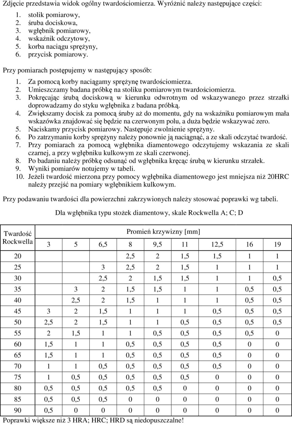 Umieszczamy badana próbkę na stoliku pomiarowym twardościomierza. 3. Pokręcając śrubą dociskową w kierunku odwrotnym od wskazywanego przez strzałki doprowadzamy do styku wgłębnika z badana próbką. 4.