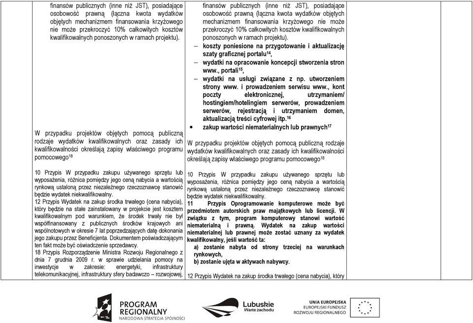 W przypadku projektów objętych pomocą publiczną rodzaje wydatków kwalifikowalnych oraz zasady ich kwalifikowalności określają zapisy właściwego programu pomocowego 18 10 Przypis W przypadku zakupu