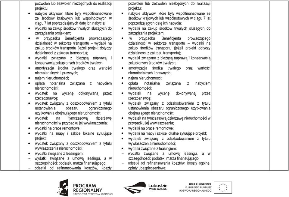 działalności z zakresu transportu); wydatki związane z bieŝącą naprawą i konserwacją zakupionych środków trwałych; amortyzacja środka trwałego oraz wartości niematerialnych i prawnych; najem