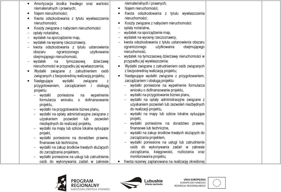 tymczasową dzierŝawę nieruchomości w przypadku jej wywłaszczenia; Wydatki związane z zatrudnieniem osób związanych z bezpośrednią realizacją projektu; Następujące wydatki związane z przygotowaniem,