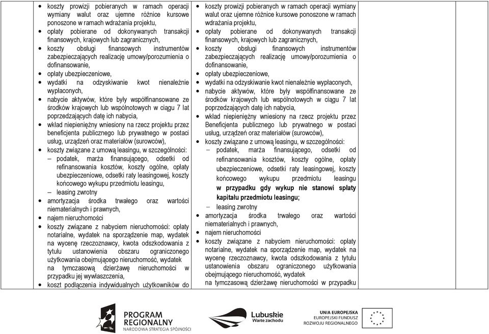nabycie aktywów, które były współfinansowane ze środków krajowych lub wspólnotowych w ciągu 7 lat poprzedzających datę ich nabycia, wkład niepienięŝny wniesiony na rzecz projektu przez beneficjenta