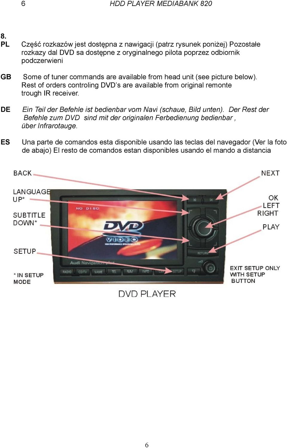 tuner commands are available from head unit (see picture below). Rest of orders controling DVD s are available from original remonte trough IR receiver.