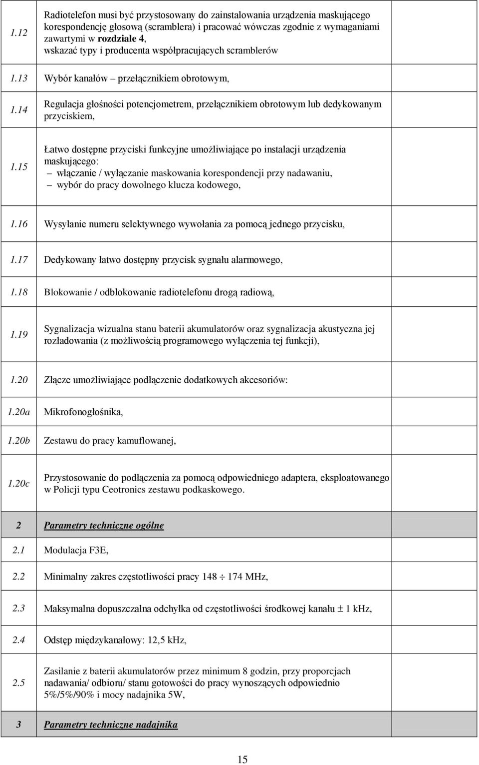15 Łatwo dostępne przyciski funkcyjne umoŝliwiające po instalacji urządzenia maskującego: włączanie / wyłączanie maskowania korespondencji przy nadawaniu, wybór do pracy dowolnego klucza kodowego, 1.