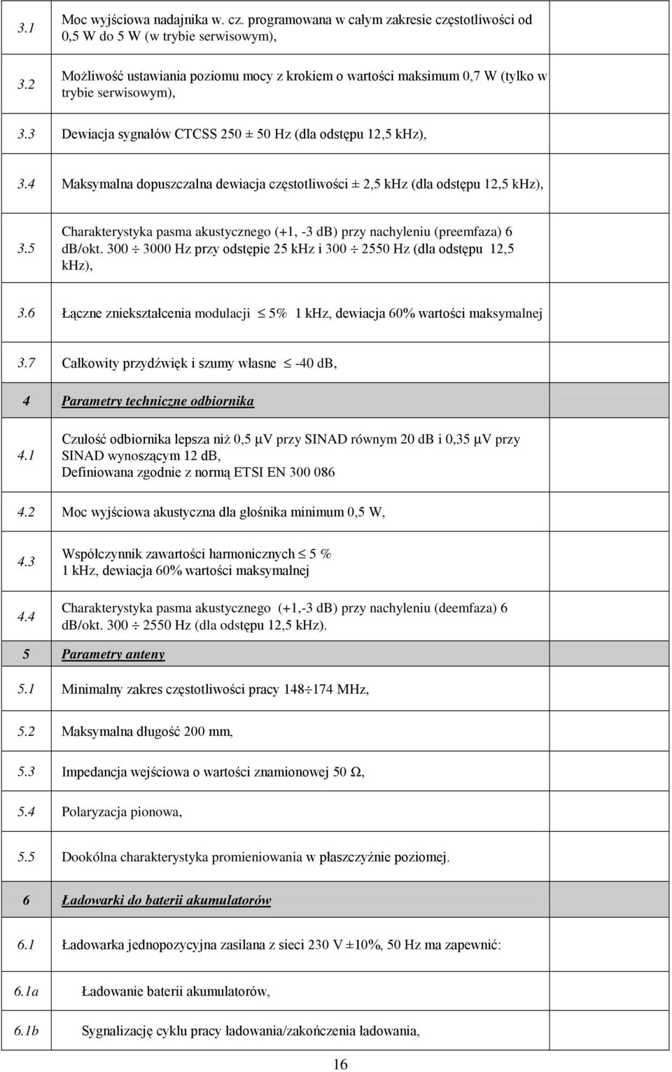 3 Dewiacja sygnałów CTCSS 250 ± 50 Hz (dla odstępu 12,5 khz), 3.4 Maksymalna dopuszczalna dewiacja częstotliwości ± 2,5 khz (dla odstępu 12,5 khz), 3.