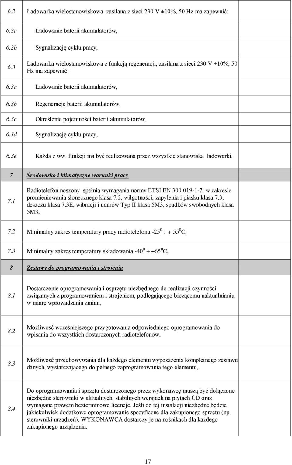 3c Określenie pojemności baterii akumulatorów, 6.3d Sygnalizację cyklu pracy, 6.3e KaŜda z ww. funkcji ma być realizowana przez wszystkie stanowiska ładowarki.