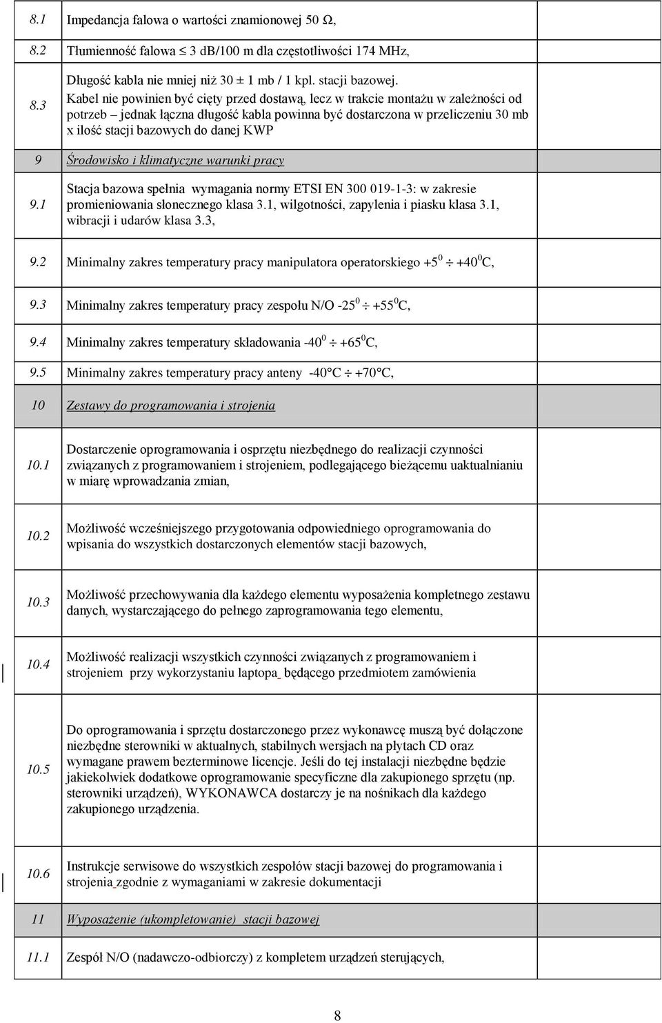KWP 9 Środowisko i klimatyczne warunki pracy 9.1 Stacja bazowa spełnia wymagania normy ETSI EN 300 019-1-3: w zakresie promieniowania słonecznego klasa 3.1, wilgotności, zapylenia i piasku klasa 3.
