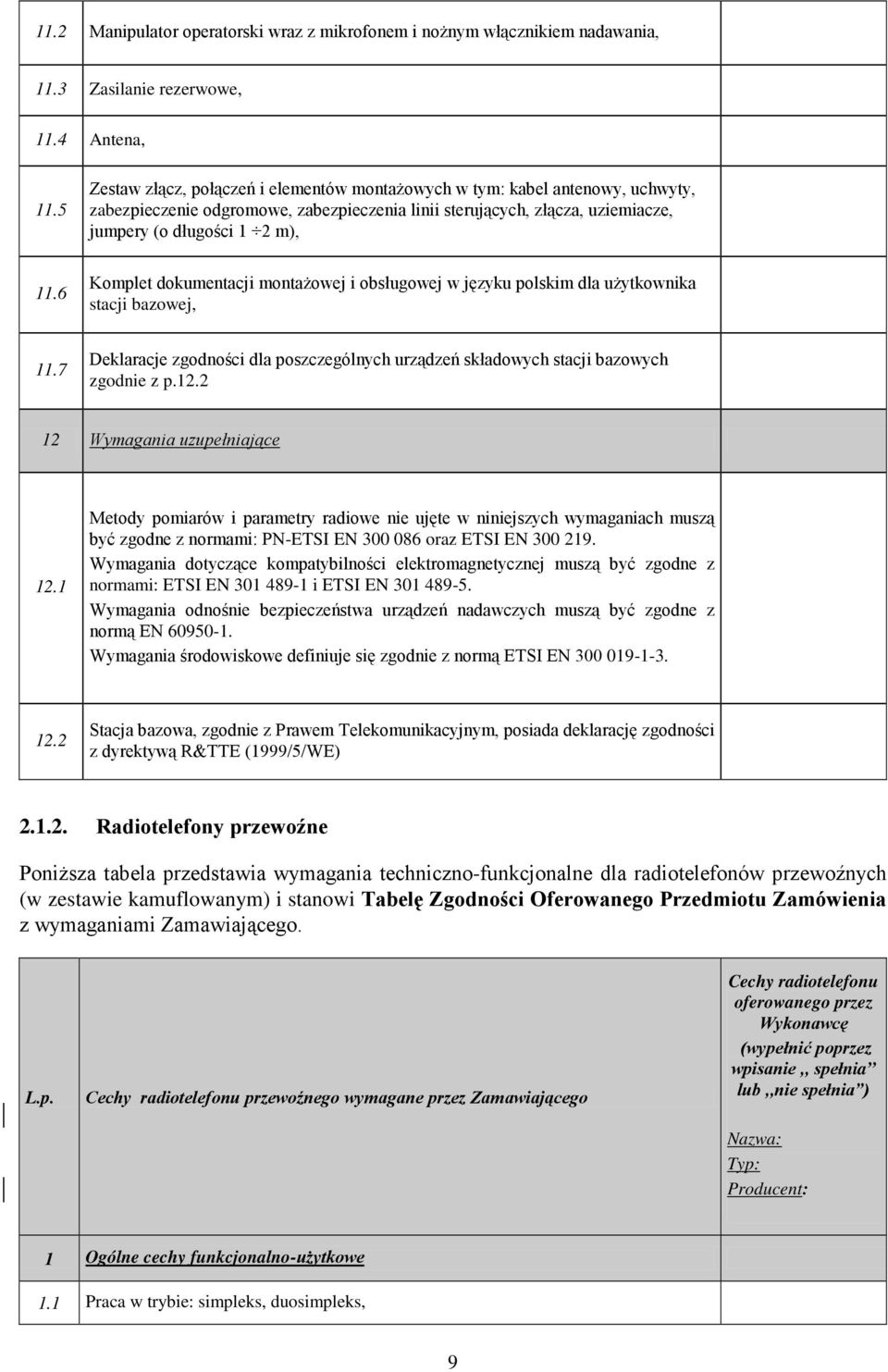 6 Komplet dokumentacji montaŝowej i obsługowej w języku polskim dla uŝytkownika stacji bazowej, 11.7 Deklaracje zgodności dla poszczególnych urządzeń składowych stacji bazowych zgodnie z p.12.