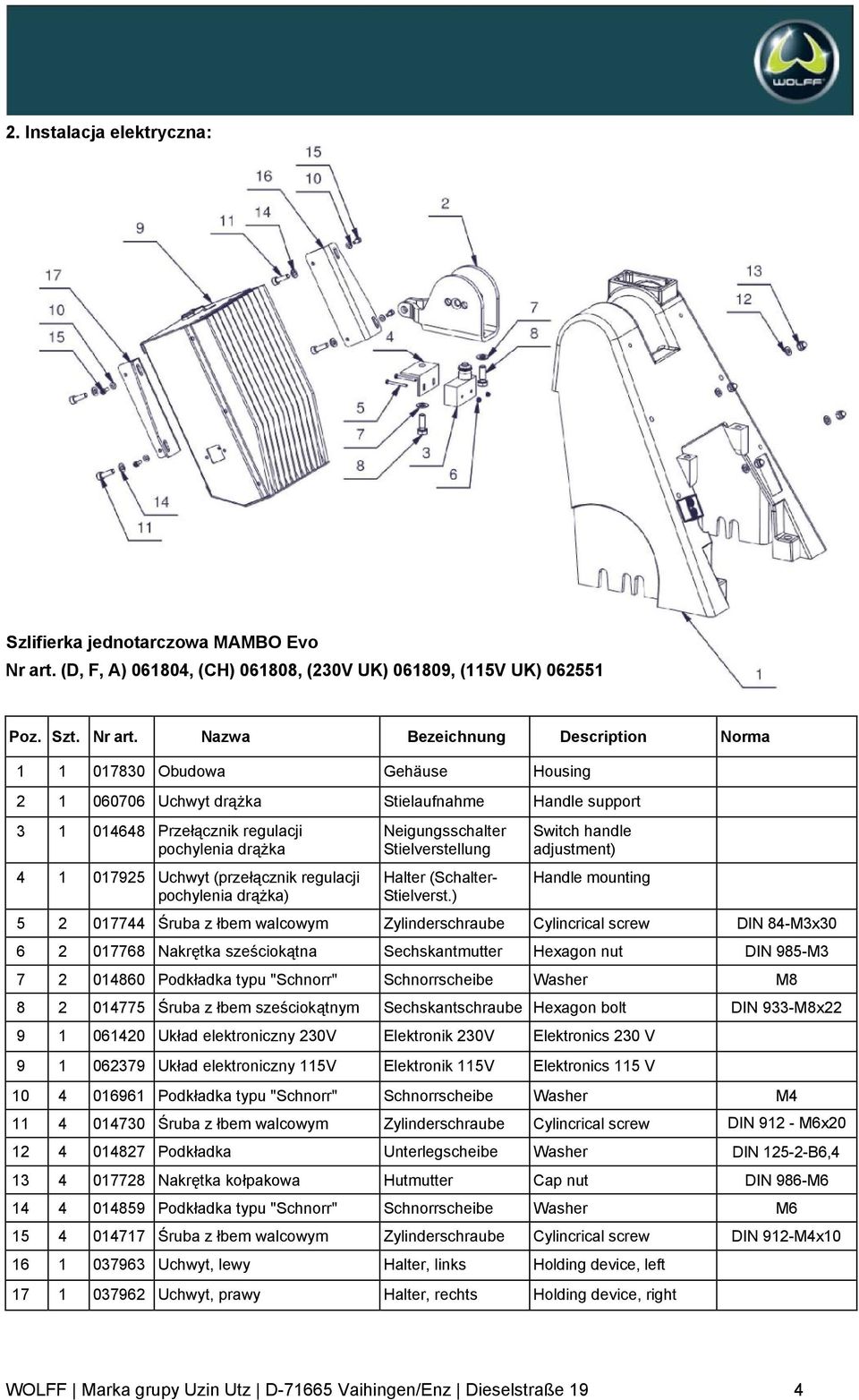 Nazwa Bezeichnung Description Norma 1 1 017830 Obudowa Gehäuse Housing 2 1 060706 Uchwyt drążka Stielaufnahme Handle support 3 1 014648 Przełącznik regulacji pochylenia drążka 4 1 017925 Uchwyt