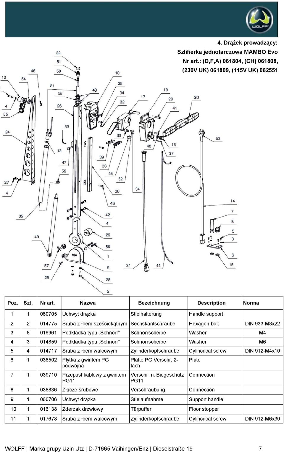 Nazwa Bezeichnung Description Norma 1 1 060705 Uchwyt drążka Stielhalterung Handle support 2 2 014775 Śruba z łbem sześciokątnym Sechskantschraube Hexagon bolt DIN 933-M8x22 3 8 016961 Podkładka typu