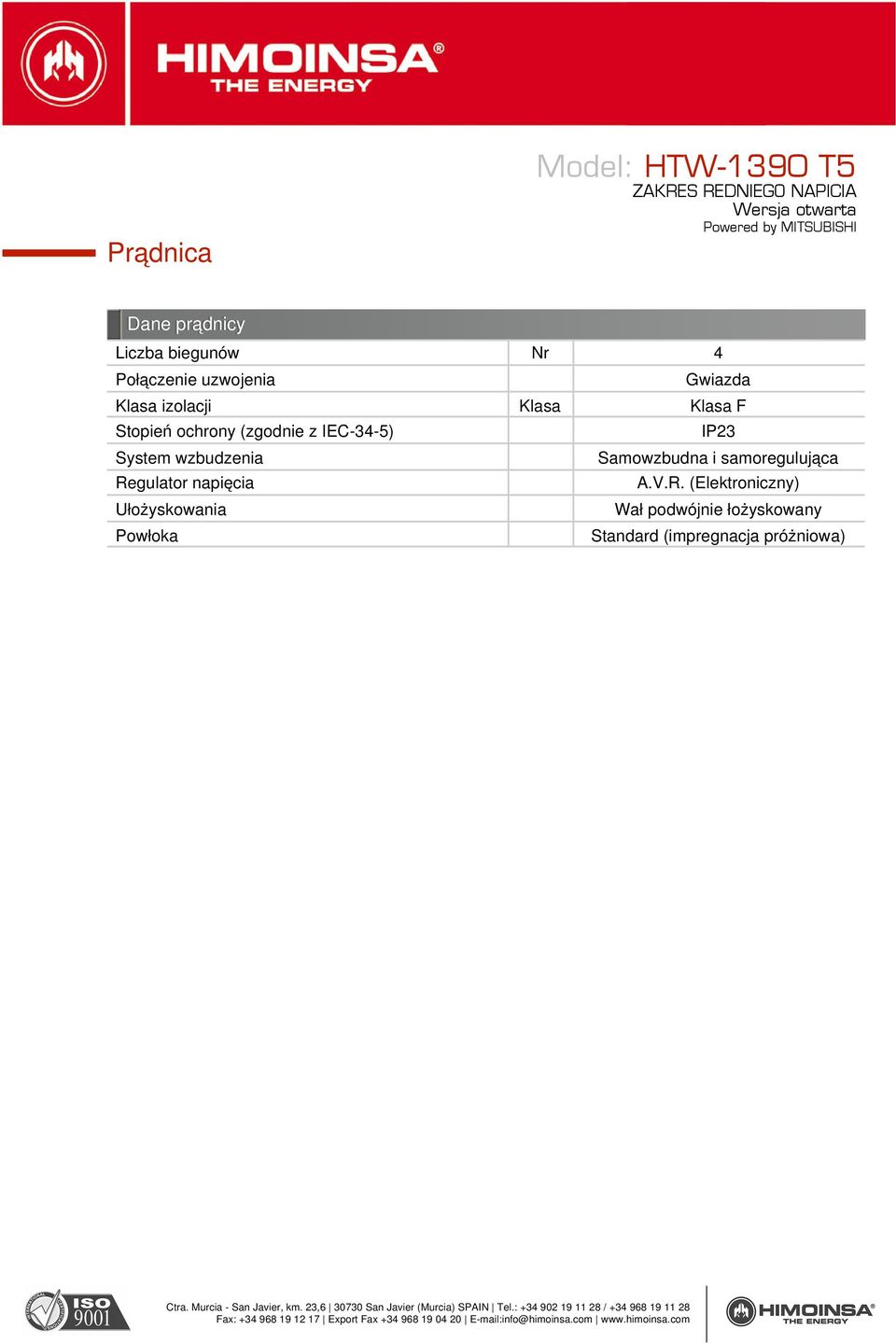 IEC-34-5) System wzbudzenia Regulator napięcia Ułożyskowania Powłoka IP23