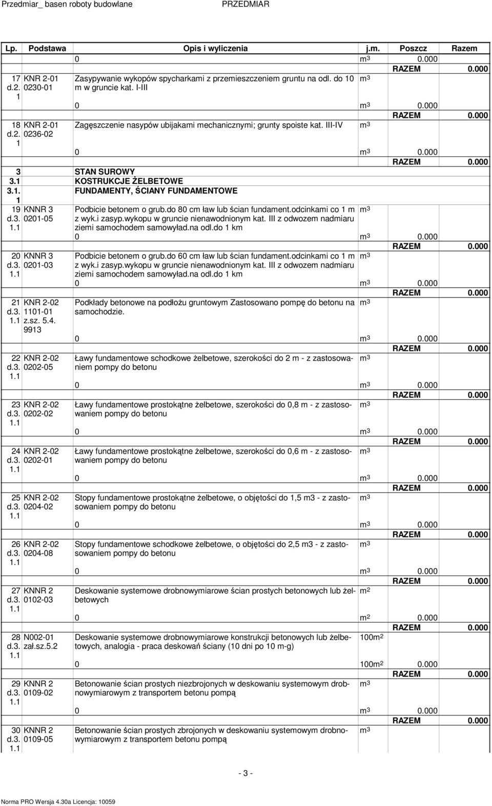 . zał.sz... 9 KNNR d.. 009-0. 0 KNNR d.. 009-0. FUNDAMENTY, ŚCIANY FUNDAMENTOWE Podbicie beone o grub.do 80 c ław lub ścian fundaen.odcinkai co z wyk.i zasyp.wykopu w gruncie nienawodniony ka.