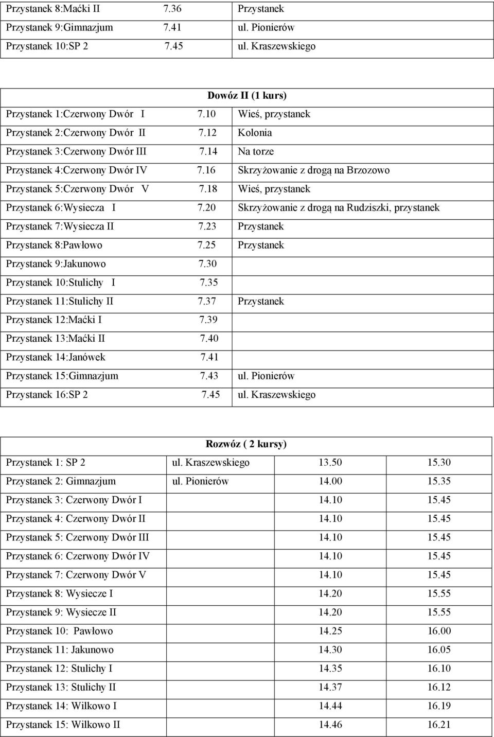 16 Skrzyżowanie z drogą na Brzozowo Przystanek 5:Czerwony Dwór V 7.18 Wieś, przystanek Przystanek 6:Wysiecza I 7.20 Skrzyżowanie z drogą na Rudziszki, przystanek Przystanek 7:Wysiecza II 7.