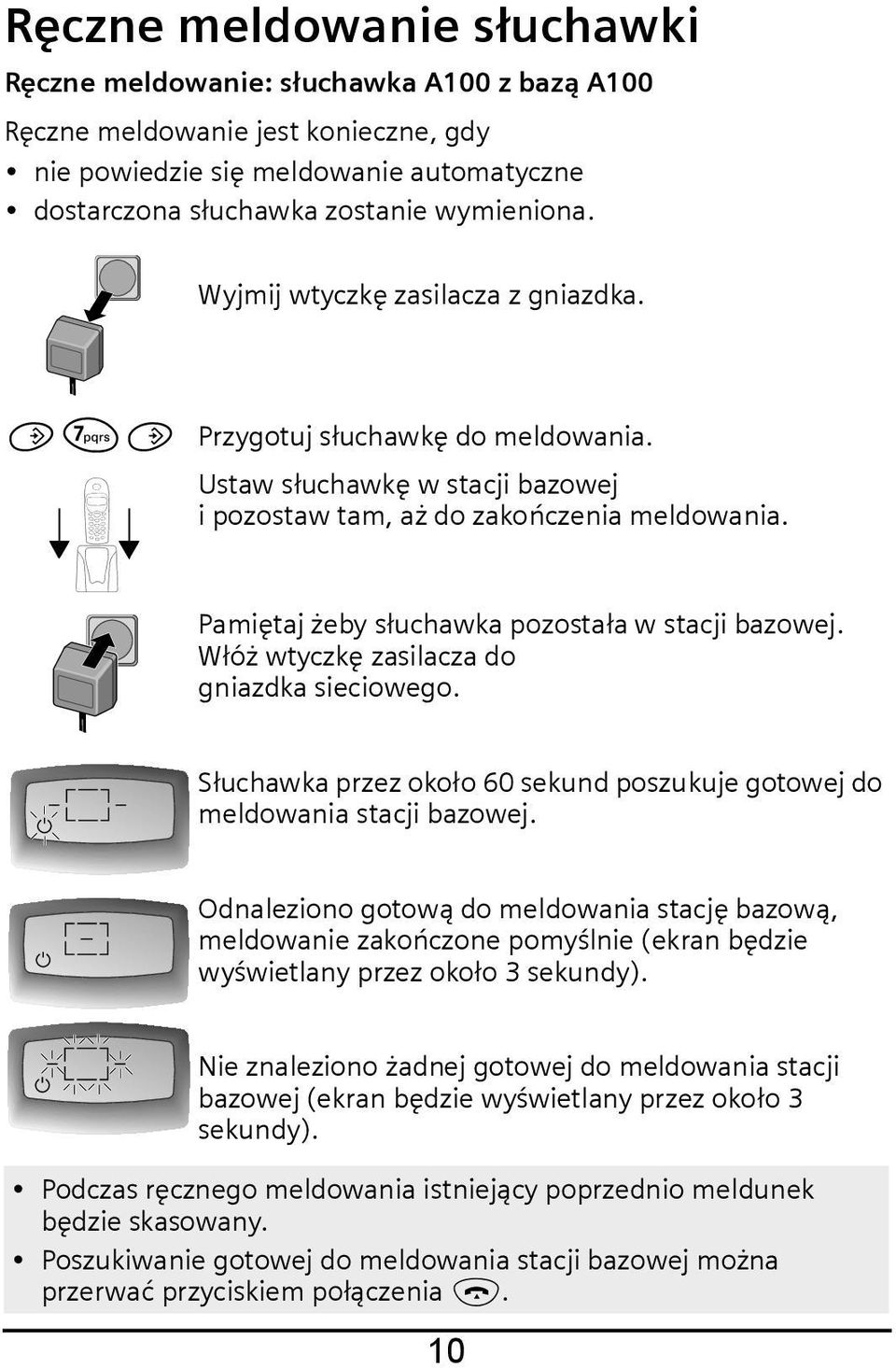 Pamiętaj żeby słuchawka pozostała w stacji bazowej. Włóż wtyczkę zasilacza do gniazdka sieciowego. Słuchawka przez około 60 sekund poszukuje gotowej do meldowania stacji bazowej.