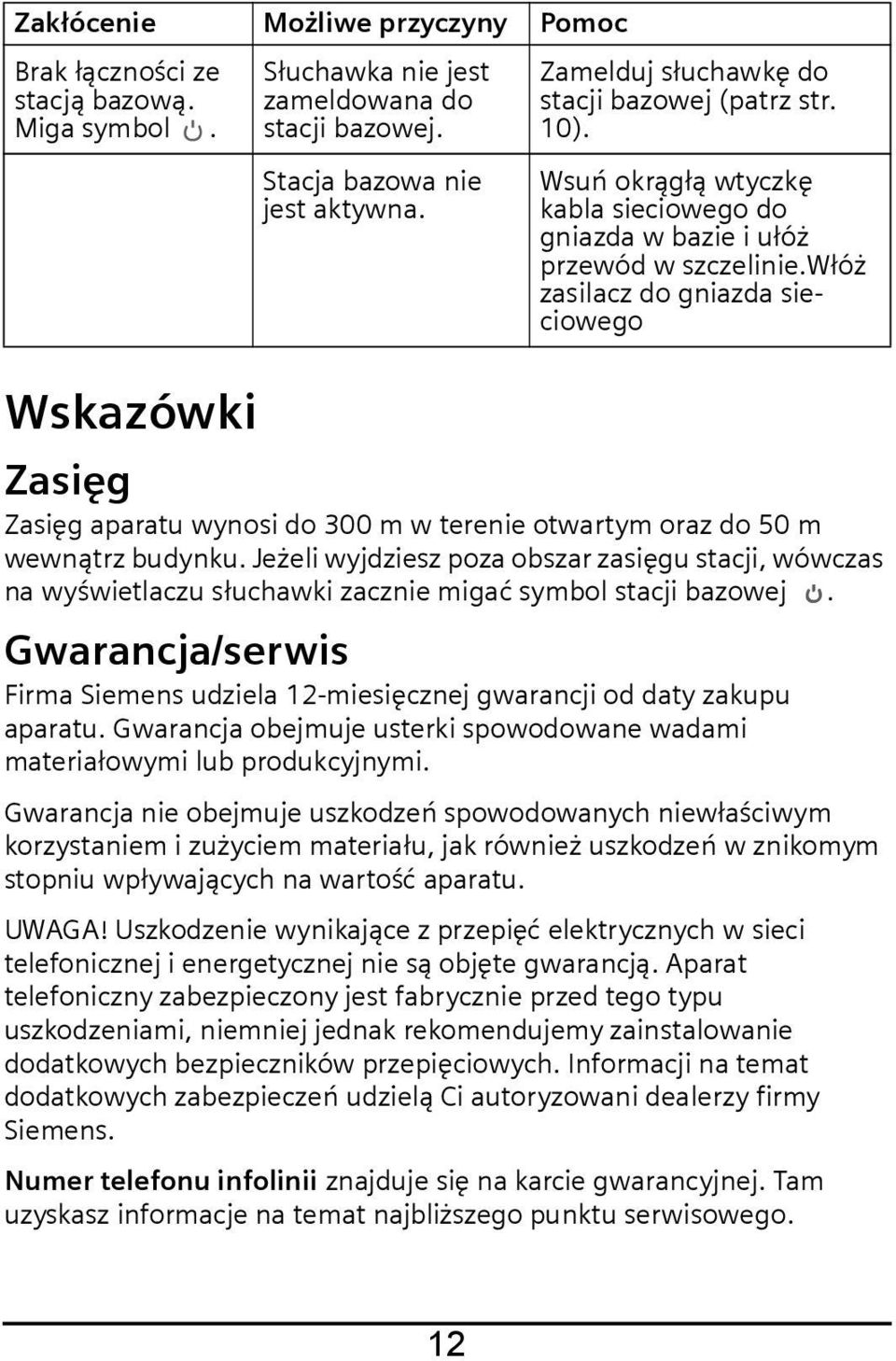 włóż zasilacz do gniazda sieciowego Zasięg Zasięg aparatu wynosi do 300 m w terenie otwartym oraz do 50 m wewnątrz budynku.