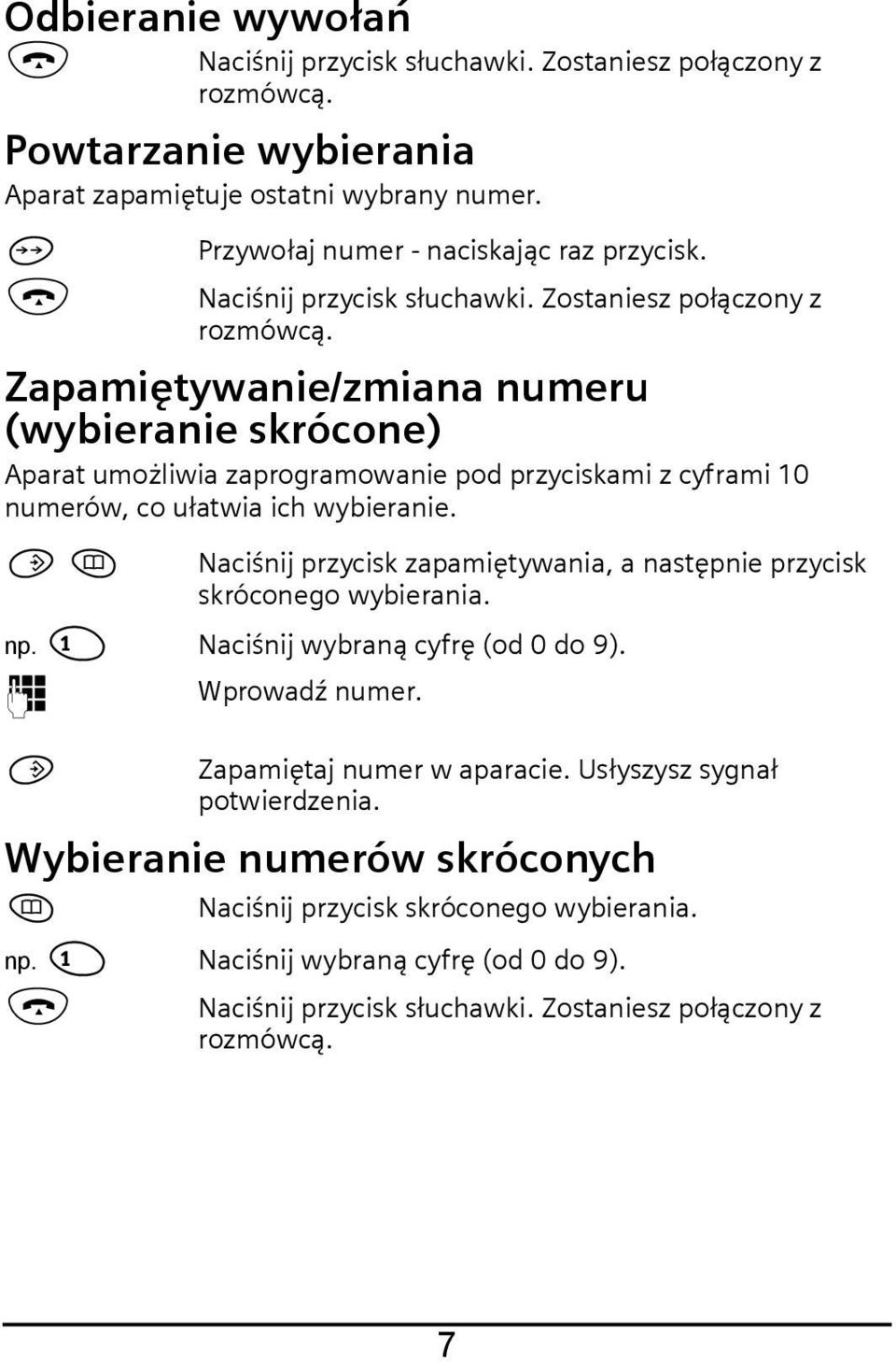 Zapamiętywanie/zmiana numeru (wybieranie skrócone) Aparat umożliwia zaprogramowanie pod przyciskami z cyframi 10 numerów, co ułatwia ich wybieranie.