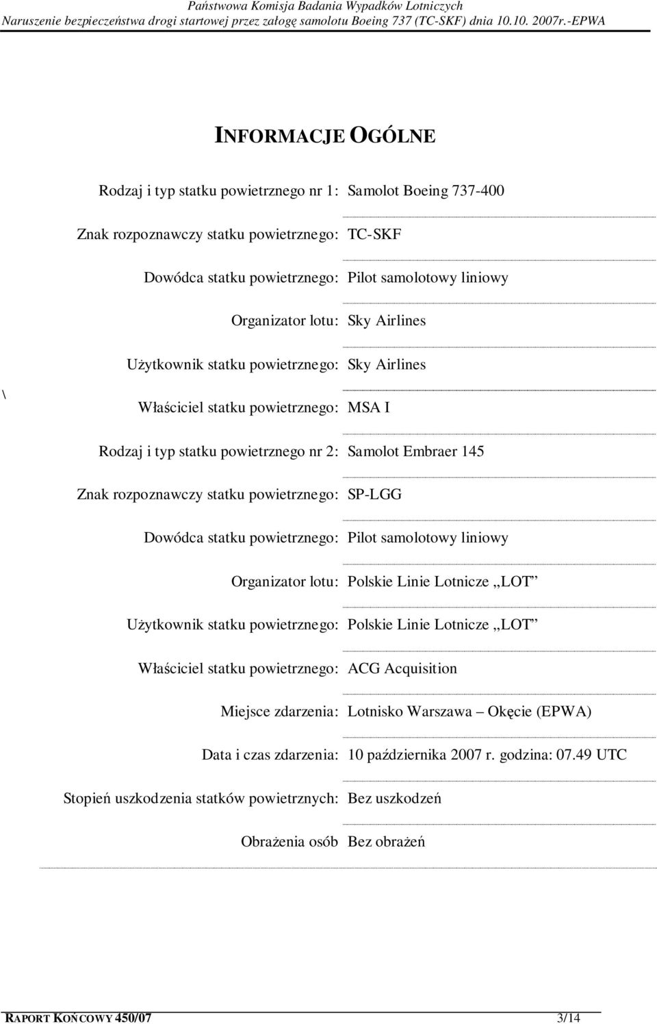 SP-LGG Dowódca statku powietrznego: Pilot samolotowy liniowy Organizator lotu: Polskie Linie Lotnicze LOT Użytkownik statku powietrznego: Polskie Linie Lotnicze LOT Właściciel statku powietrznego: