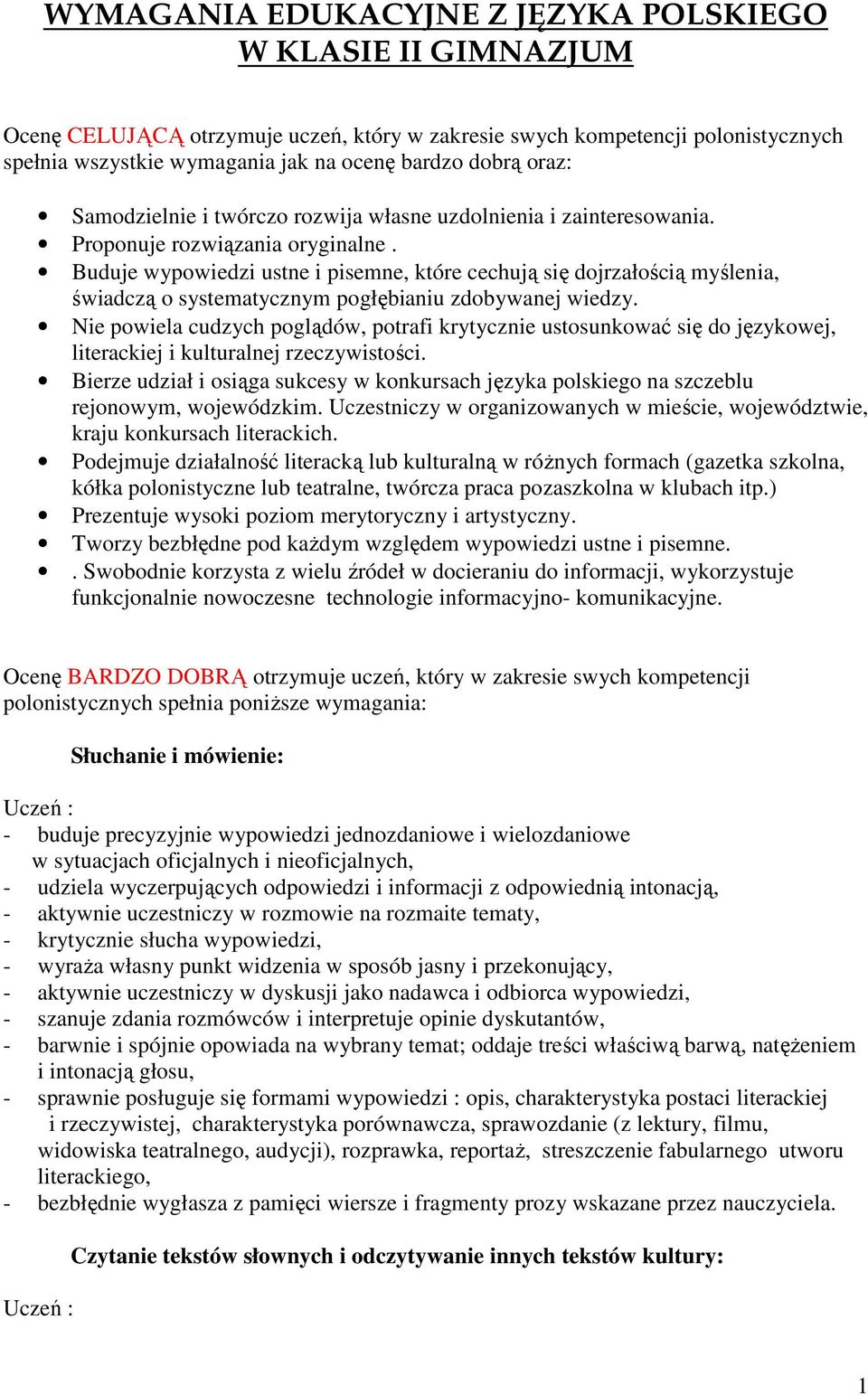 Buduje wypowiedzi ustne i pisemne, które cechują się dojrzałością myślenia, świadczą o systematycznym pogłębianiu zdobywanej wiedzy.
