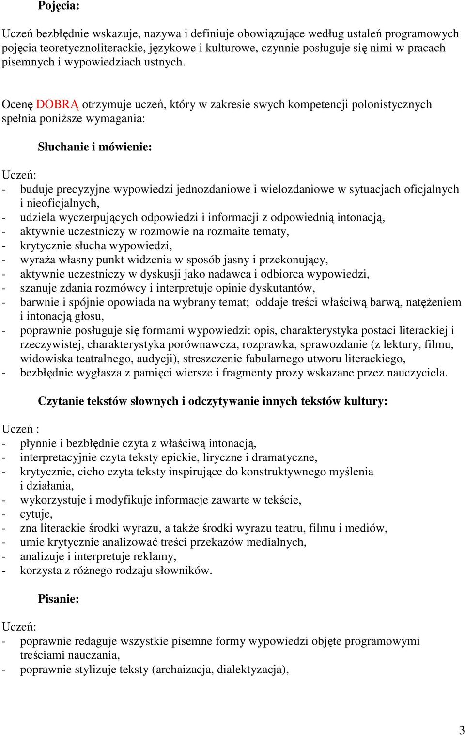 Ocenę DOBRĄ otrzymuje uczeń, który w zakresie swych kompetencji polonistycznych spełnia poniższe wymagania: - buduje precyzyjne wypowiedzi jednozdaniowe i wielozdaniowe w sytuacjach oficjalnych i
