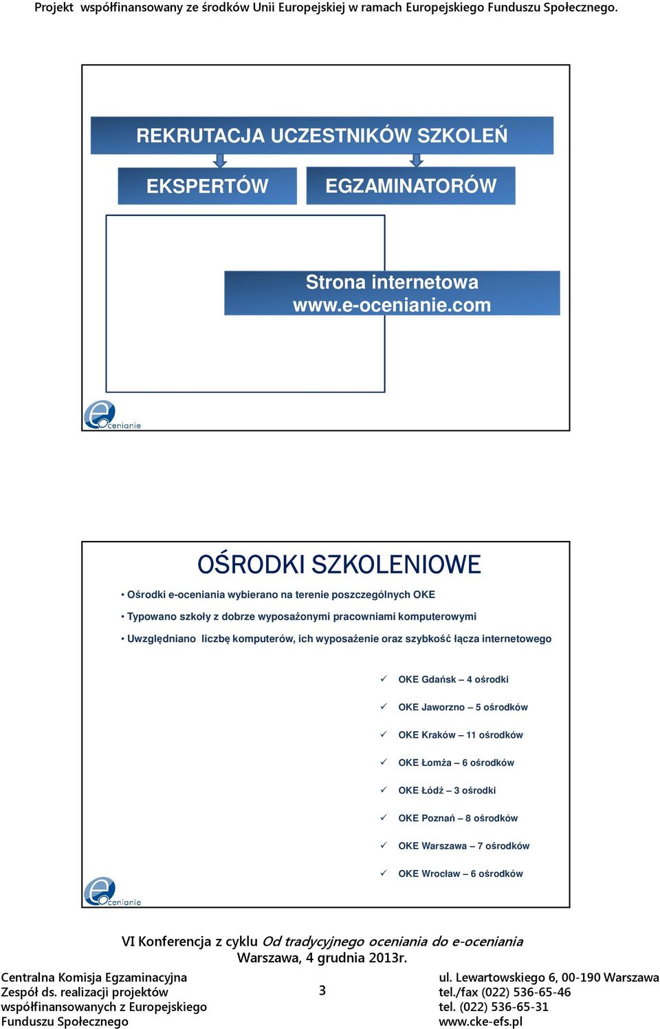 com OŚRODKI SZKOLENIOWE Ośrodki e-oceniania wybierano na terenie poszczególnych OKE Typowano szkoły z dobrze wyposażonymi pracowniami