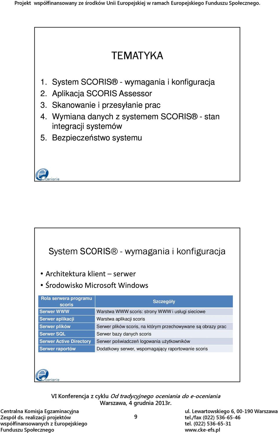 Bezpieczeństwo systemu System SCORIS - wymagania i konfiguracja Architektura klient serwer Środowisko Microsoft Windows Rola serwera programu scoris Serwer WWW Serwer aplikacji Serwer plików