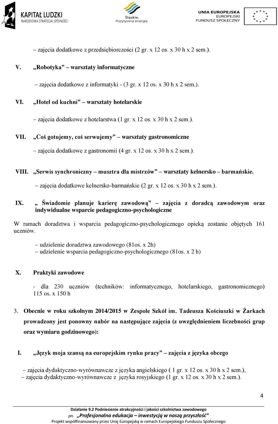 x 12 os. x 30 h x 2 sem.). VIII. Serwis synchroniczny musztra dla mistrzów warsztaty kelnersko barmańskie. zajęcia dodatkowe kelnersko-barmańskie (2 gr. x 12 os. x 30 h x 2 sem.). IX.