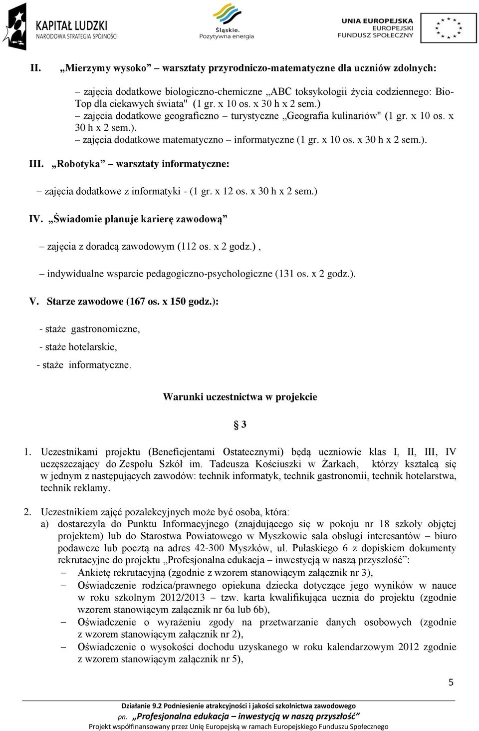 Robotyka warsztaty informatyczne: zajęcia dodatkowe z informatyki - (1 gr. x 12 os. x 30 h x 2 sem.) IV. Świadomie planuje karierę zawodową zajęcia z doradcą zawodowym (112 os. x 2 godz.