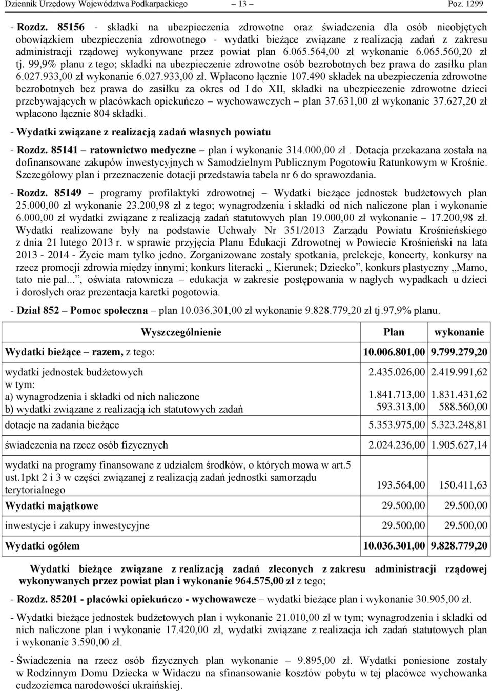 wykonywane przez powiat plan 6.065.564,00 zł wykonanie 6.065.560,20 zł tj. 99,9% planu z tego; składki na ubezpieczenie zdrowotne osób bezrobotnych bez prawa do zasiłku plan 6.027.