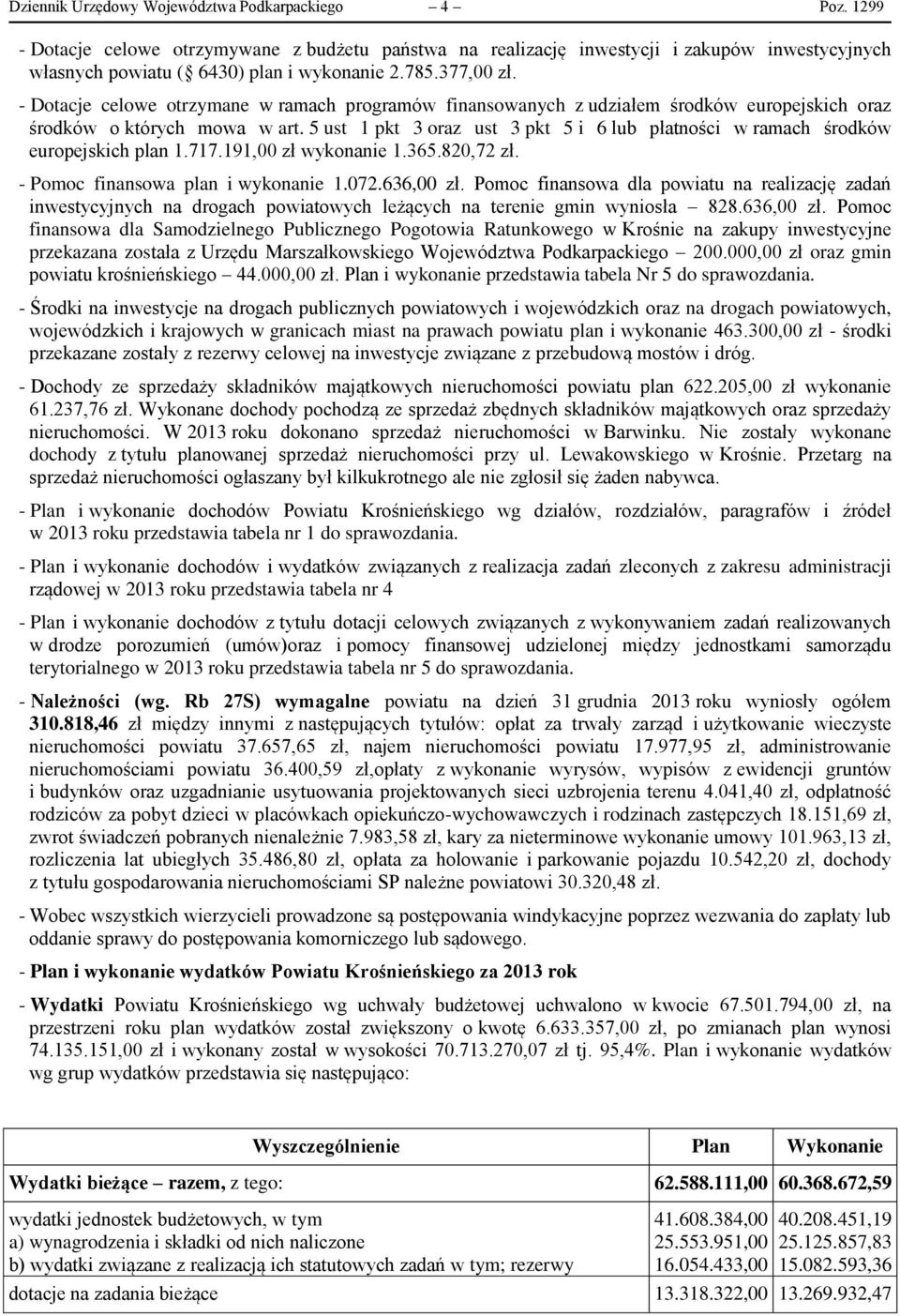 5 ust 1 pkt 3 oraz ust 3 pkt 5 i 6 lub płatności w ramach środków europejskich plan 1.717.191,00 zł wykonanie 1.365.820,72 zł. - Pomoc finansowa plan i wykonanie 1.072.636,00 zł.