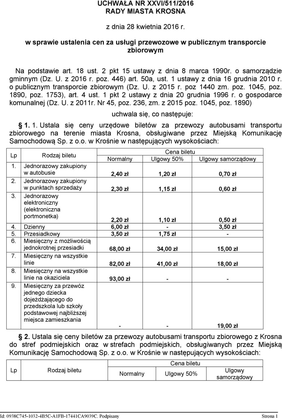 poz 1440 zm. poz. 1045, poz. 1890, poz. 1753), art. 4 ust. 1 pkt 2 ustawy z dnia 20 grudnia 1996 r. o gospodarce komunalnej (Dz. U. z 2011r. Nr 45, poz. 236, zm. z 2015 poz. 1045, poz. 1890) uchwala się, co następuje: 1.