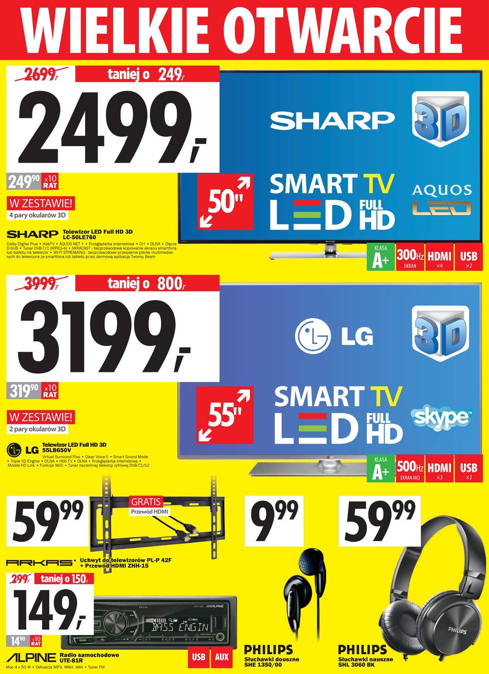 smartfona lub tabletu przez darmową aplikację Twonky Beam 300Hz EKRAN 4 2 3999, taniej o 800, 3199, 319 90 W ZESTAWIE 2 pary okularów 3D 55" Telewizor LED Full HD 3D 55LB650V Virtual Surround Plus