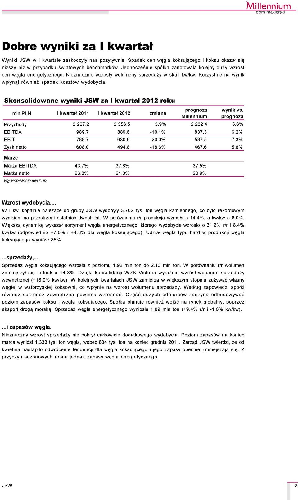 Skonsolidowane wyniki za I kwartał 2012 roku mln PLN I kwartał 2011 I kwartał 2012 zmiana prognoza Millennium wynik vs. prognoza Przychody 2 267.2 2 356.5 3.9% 2 232.4 5.6% EBITDA 989.7 889.6-10.