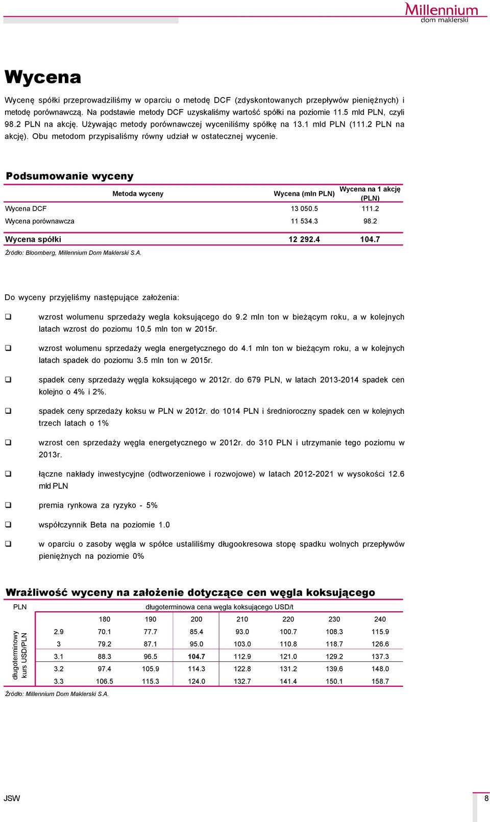Podsumowanie wyceny Metoda wyceny Wycena (mln PLN) Wycena na 1 akcję (PLN) Wycena DCF 13 050.5 111.2 Wycena porçwnawcza 11 534.3 98.2 Wycena spåłki 12 292.4 104.