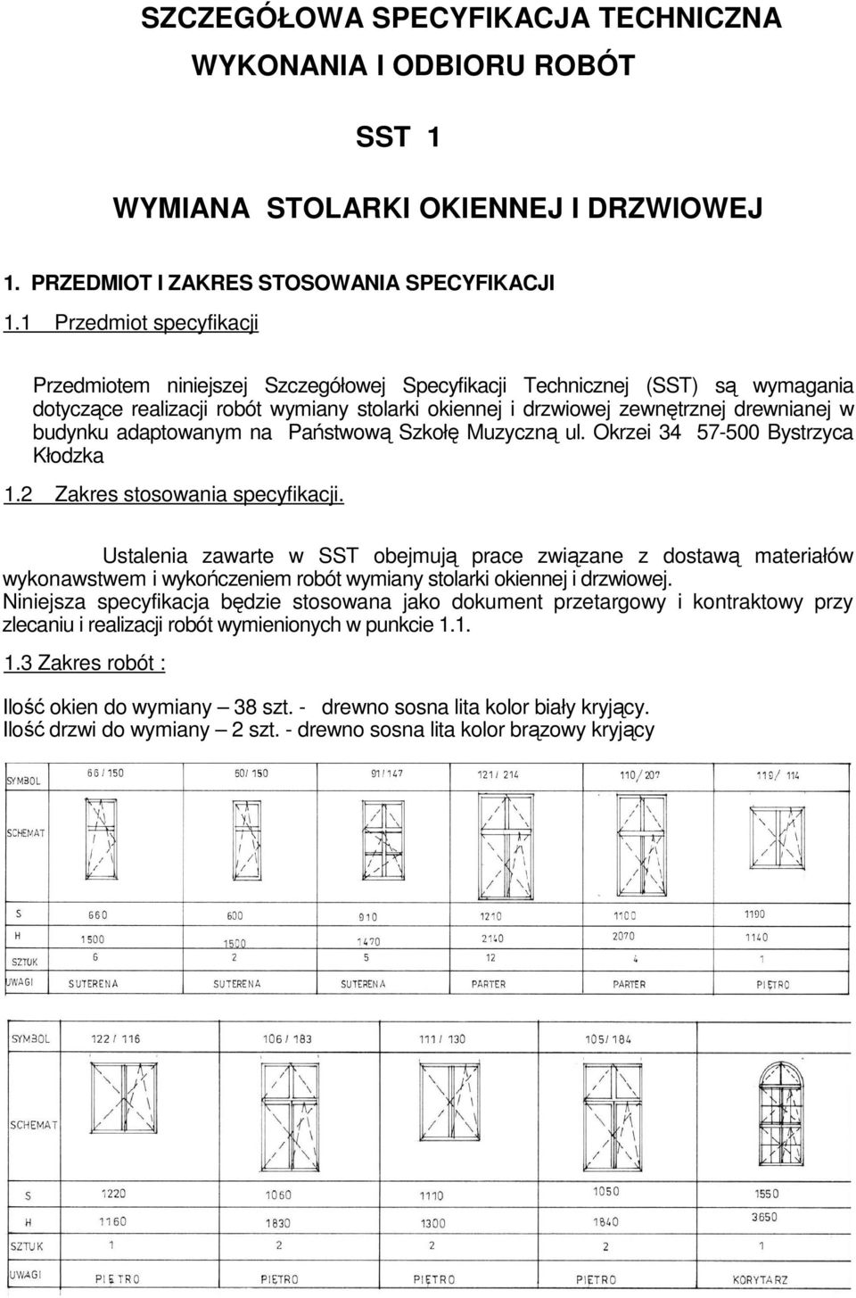 budynku adaptowanym na Państwową Szkołę Muzyczną ul. Okrzei 34 57-500 Bystrzyca Kłodzka 1.2 Zakres stosowania specyfikacji.