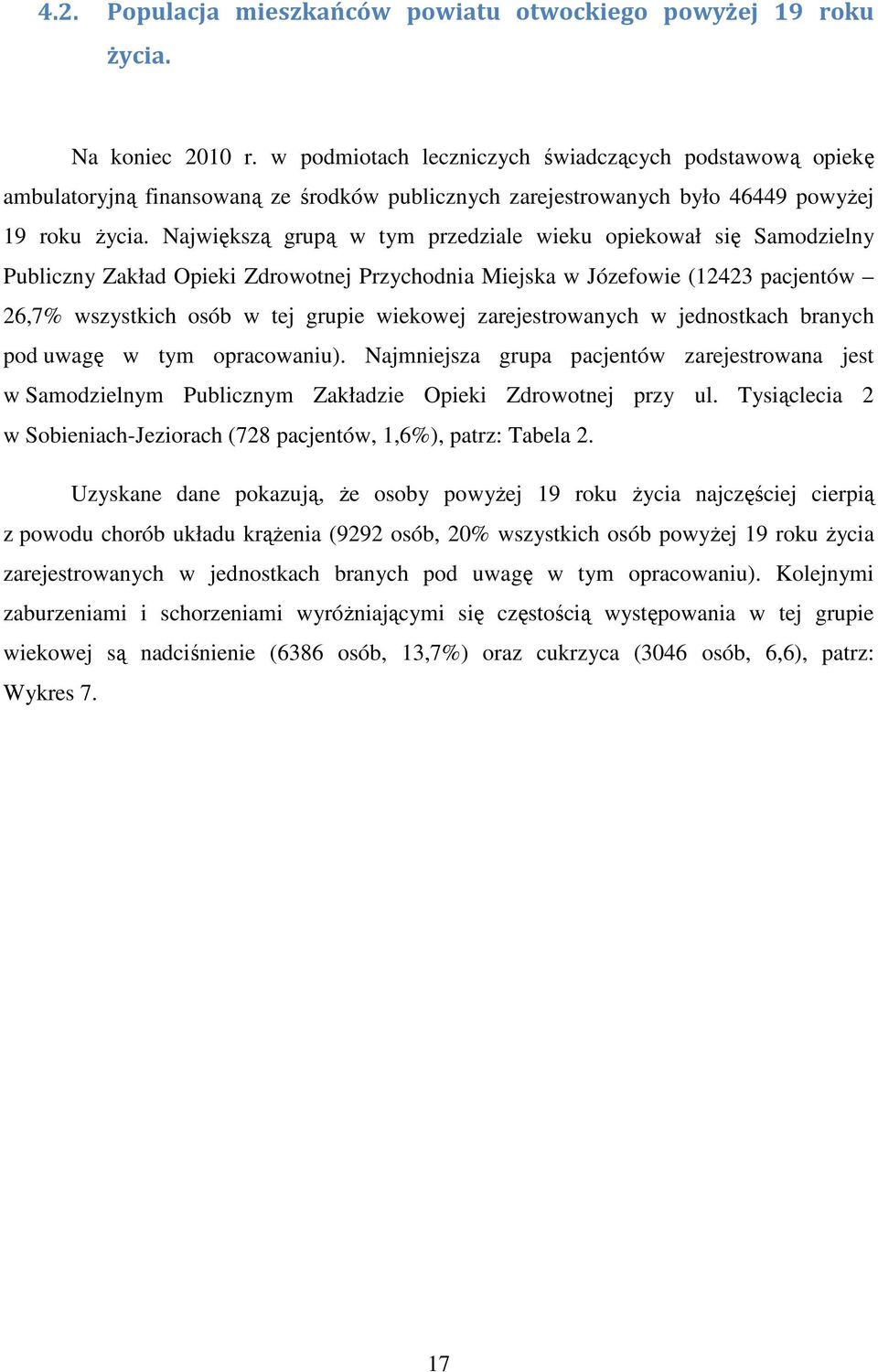 Największą grupą w tym przedziale wieku opiekował się Samodzielny Publiczny Zakład Opieki Zdrowotnej Przychodnia Miejska w Józefowie (12423 pacjentów 26,7% wszystkich osób w tej grupie wiekowej